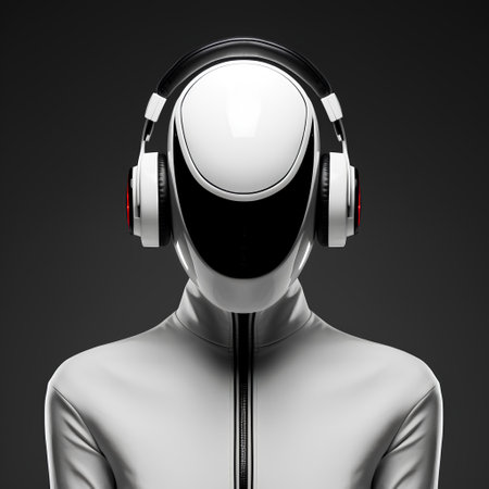 Robot head with headphones isolated on black background. 3d illustrationの素材