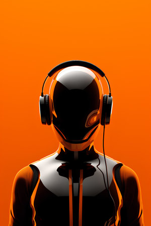Cyborg head with headphones on an orange background. 3d renderingの素材