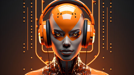 3d rendering of robot head with headphones listening to music on dark backgroundの素材
