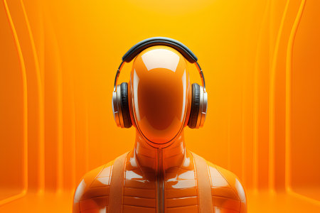 Orange robot head with headphones on orange background. 3d illustration.の素材