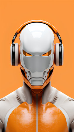 Orange robot head with headphones on orange background. 3d rendering.の素材