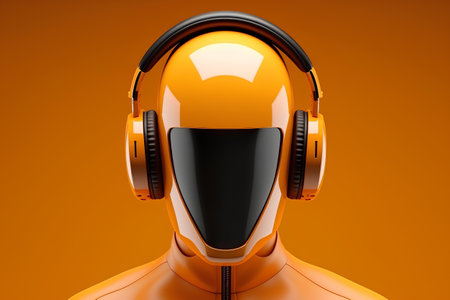 Headphones with orange robot isolated on orange background. 3d illustrationの素材