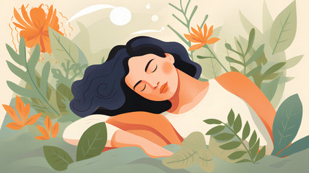 Vector illustration of a beautiful woman sleeping in the garden with flowers.の素材