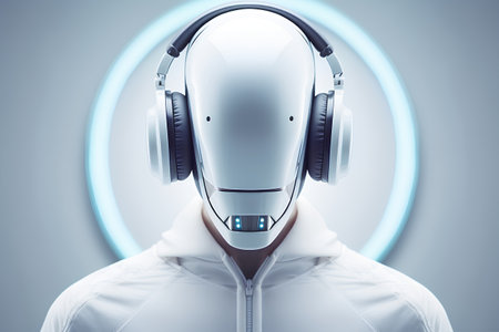 3d rendering of robot head with headphones in a white hoodieの素材