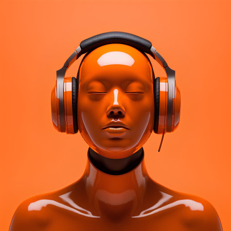 Mannequin with headphones. 3d illustration. Isolated on orange background.の素材