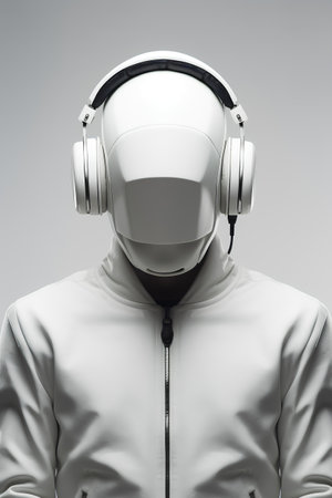 3d rendering of a robot wearing a white hoodie and headphonesの素材