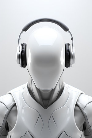 Robot with headphones. 3D rendering. White robot on grey background.の素材