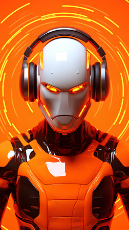 Cyborg with headphones listening to music. 3d illustration. Robot concept.の素材