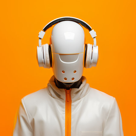 3d rendering of a white robot wearing headphones on an orange backgroundの素材