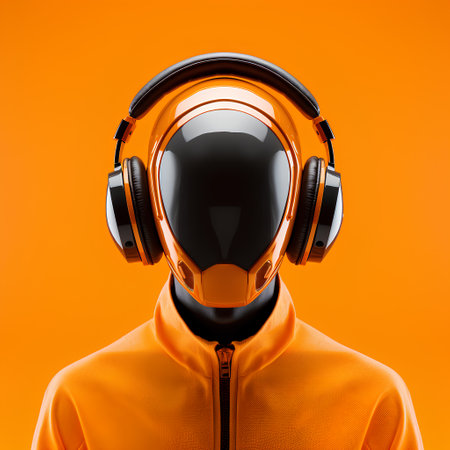 Man in headphones listening to music on orange background. 3d renderingの素材