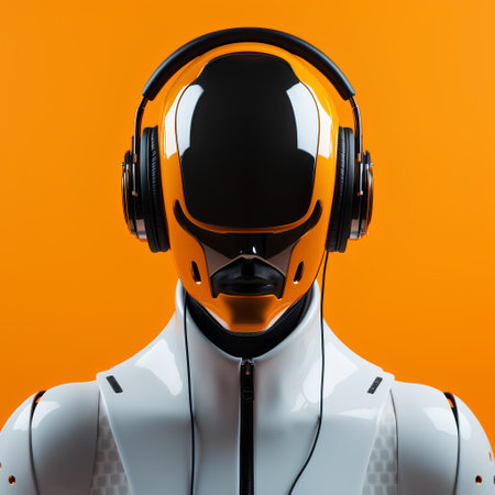 Robot head with headphones isolated on orange background. 3d renderingの素材