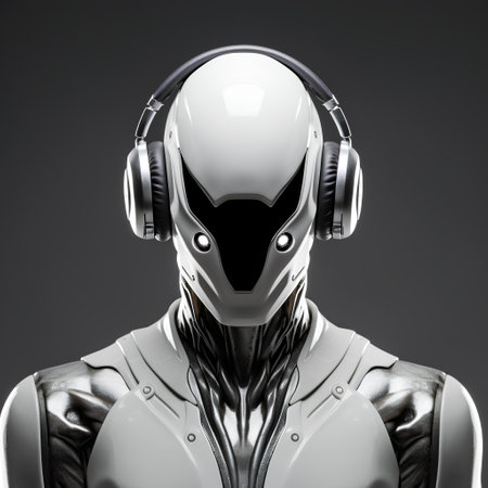 Robot with headphones on a dark background. 3d rendering.の素材
