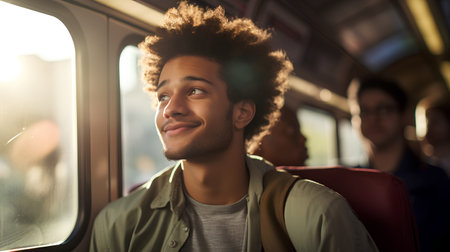 young african american man with afro hairstyle in trainの素材
