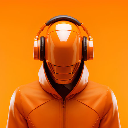 Orange robot head with headphones isolated on orange background. 3d renderingの素材