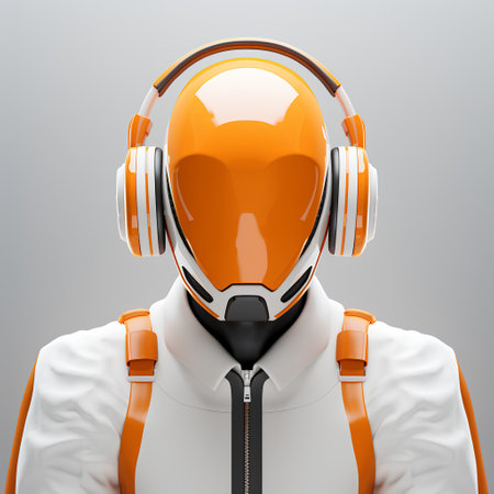 Orange robot head with headphones on gray background. 3d rendering.の素材