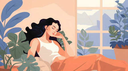 Beautiful woman in a room with tropical plants. Vector illustration.の素材