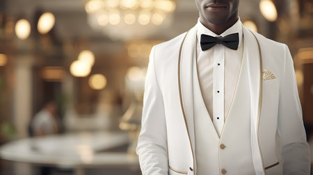 Handsome african american man in a white suit and bow tieの素材