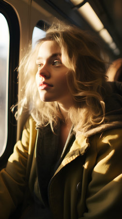 Beautiful young woman in yellow coat looking out of the window of a trainの素材