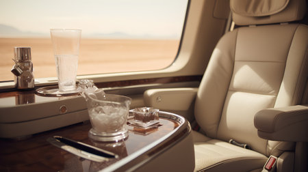 The interior of a luxury car with a glass of water on the tableの素材