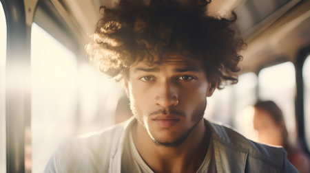 Portrait of a handsome young man with curly hair in a trainの素材