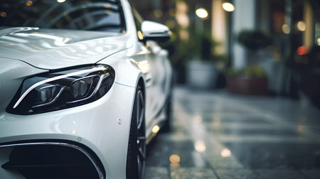 Close up of white car headlight on blurred background of shopping mallの素材