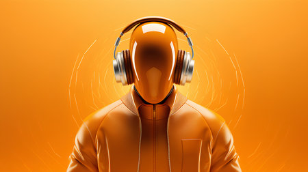 3d rendering of a robot head with headphones on an orange backgroundの素材
