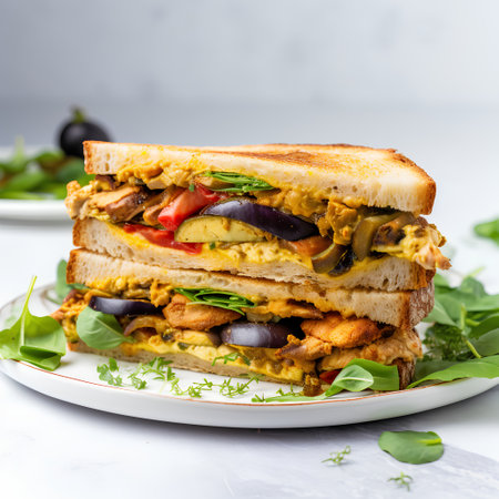 Vegetable sandwich with eggplant, tomatoes, zucchini, aubergine and cheeseの素材