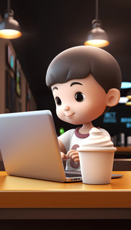 3d illustration of boy using laptop at cafe. 3d renderingの素材