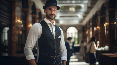 Handsome young man in elegant suit and bowler hat posing in restaurantの素材
