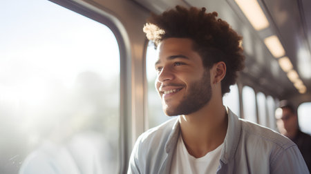 Portrait of a handsome young man with afro hairstyle in a trainの素材