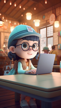 3d render of a boy using a laptop in a coffee shopの素材