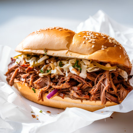 Traditional pulled pork sandwich with coleslaw and mayonnaise.の素材