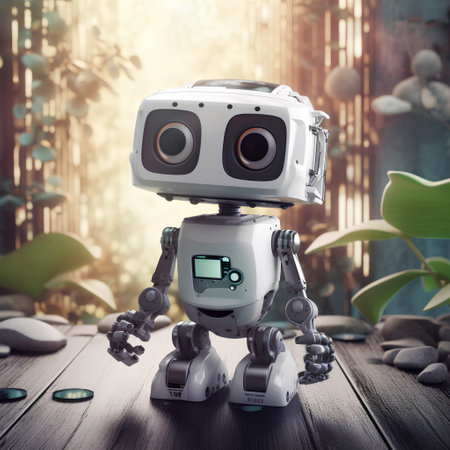 3d rendering robot toy on wooden table in green garden background.の素材