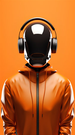 Stylish leather jacket with headphones on an orange background. 3d renderingの素材