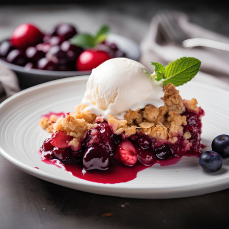Homemade cherry pie with ice cream and fresh berries on a wooden backgroundの素材