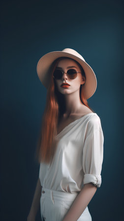 Portrait of a beautiful redhead girl in hat and sunglasses.の素材