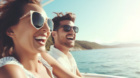summer holidays, cruise, travel and people concept - smiling couple on yacht deckの素材