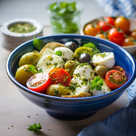 Traditional italian caprese salad with mozzarella cheese, cherry tomatoes and olivesの素材