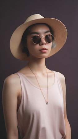 Portrait of a beautiful asian woman wearing hat and sunglasses.の素材