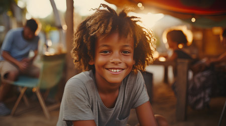 Portrait of a smiling African-American boy sitting in a cafe.の素材