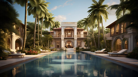 Swimming pool in luxury villa with palm trees. 3d renderの素材