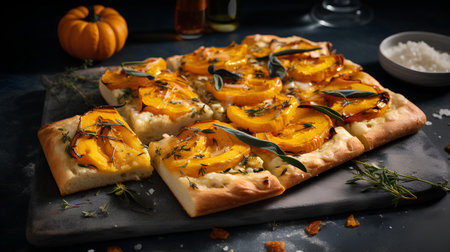 Slices of pumpkin tart with cheese, thyme and rosemaryの素材