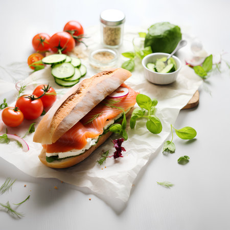 Sandwich with smoked salmon, mozzarella cheese and fresh vegetables on white backgroundの素材