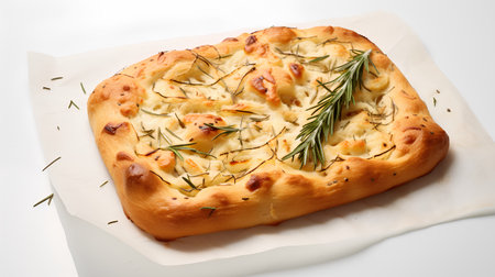 Cheese pie with rosemary on a white background, top viewの素材