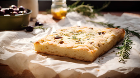 Italian focaccia bread with olive oil and rosemary, selective focusの素材