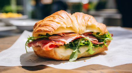 Croissant sandwich with ham, cheese and arugula.の素材