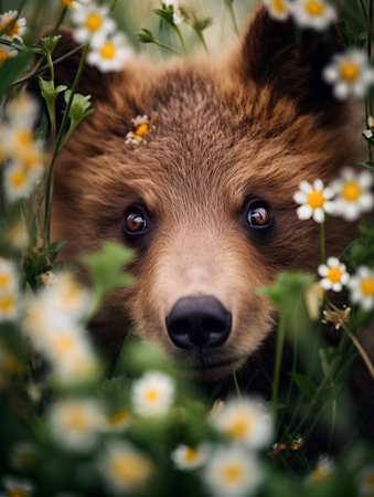 Cute brown bear cub in the field of daisies.の素材