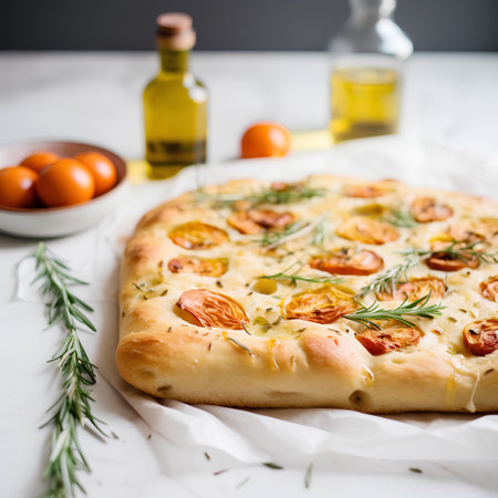 Italian focaccia with tomatoes, olives and rosemary on white backgroundの素材