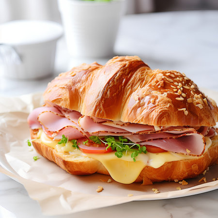 Croissant sandwich with ham, cheese and vegetables on white marble backgroundの素材