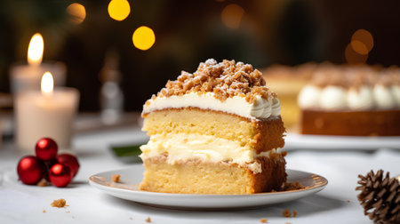 Cake with whipped cream on a Christmas table. Selective focus.の素材